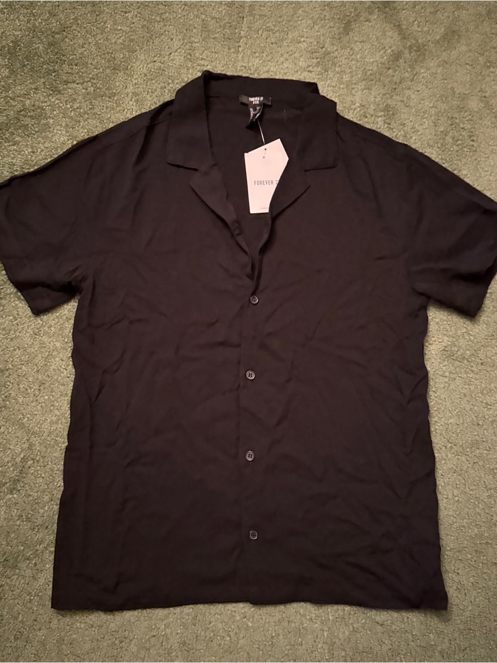 NWT Forever 21 Retro Style Black Rayon Button Up Short Sleeve Cuban Collar Shirt